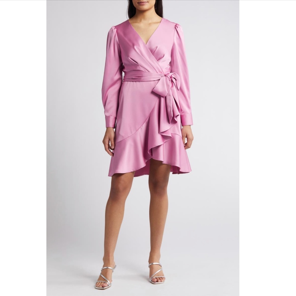 Tahari ASL : Wrap Front Long Sleeve Satin Charmeuse Dress (NWOT)